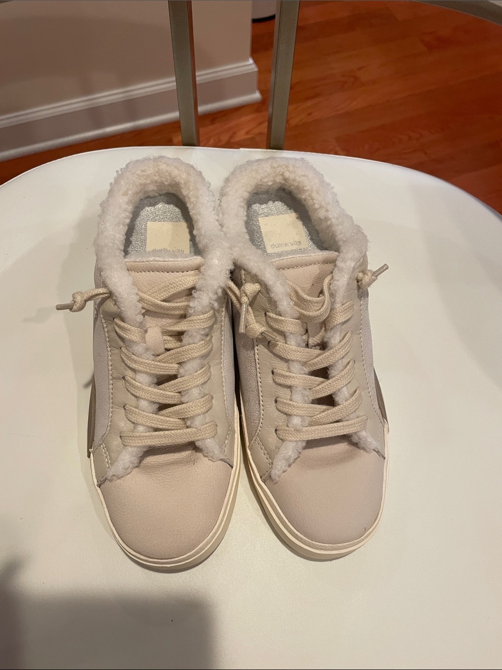 Dolce Vita Cream Lace-Up Faux-Shearling Sneakers‎